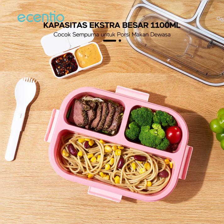 ecentio-1.1L anti-smell 3-compartment plastic lunch box-tableware independent storage (pink)
