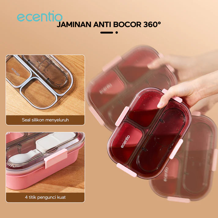 ecentio-1.1L anti-smell 3-compartment plastic lunch box-tableware independent storage (pink)