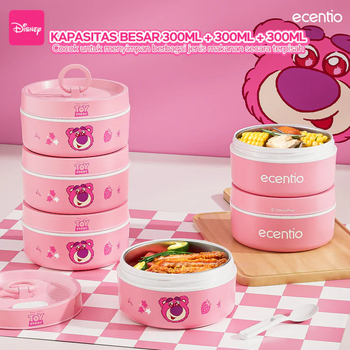 ecentio 3-piece round stainless steel lunch box set - Disney Strawberry Bear IP