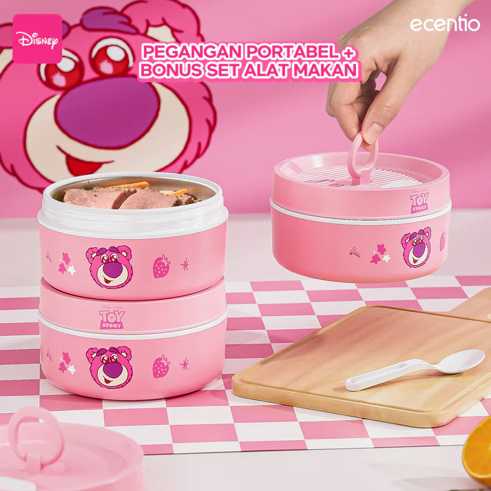 ecentio 3-piece round stainless steel lunch box set - Disney Strawberry Bear IP