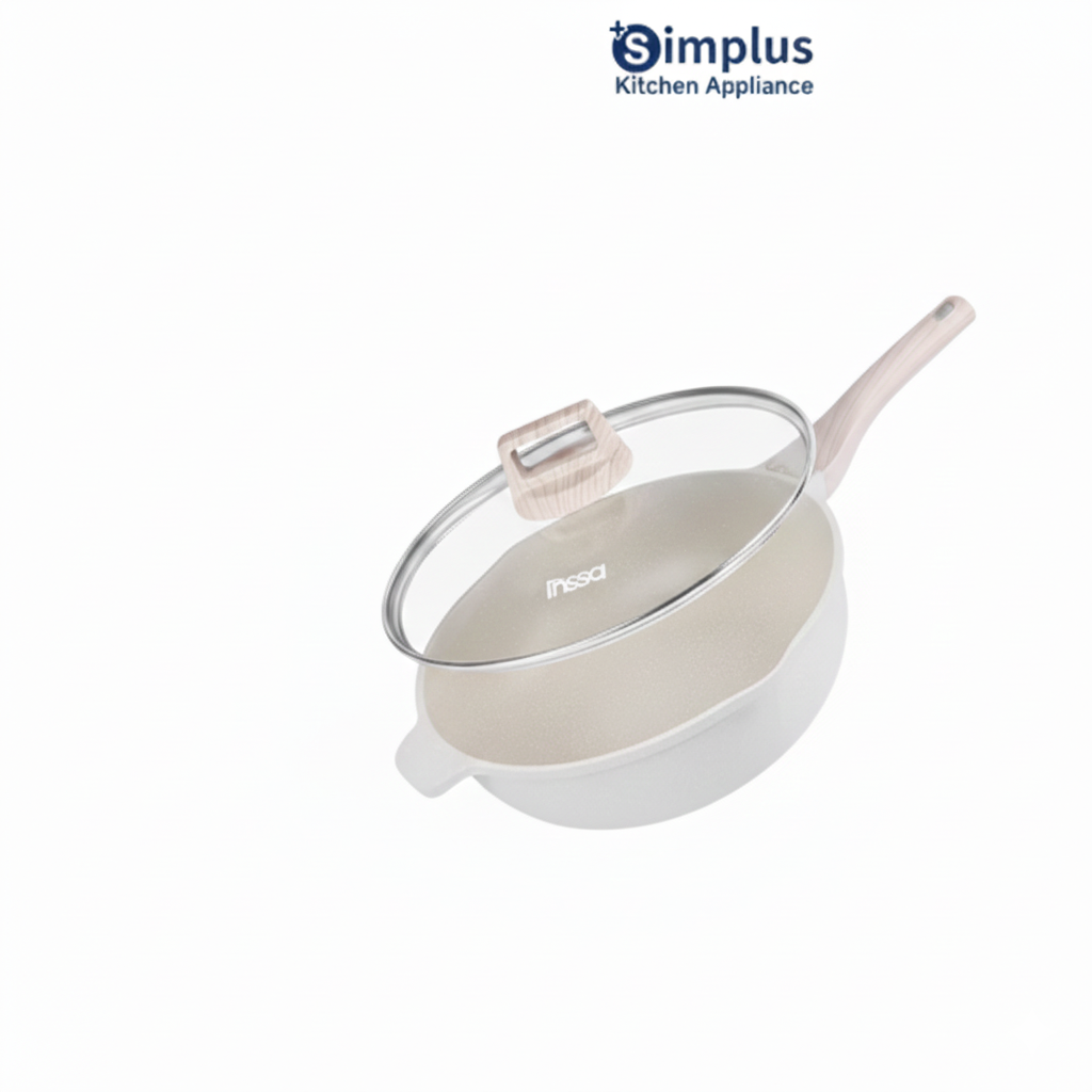 SIMPLUS-28cm Die-casting Aluminum Wok 011-Including Lid + Screwdriver-Beige