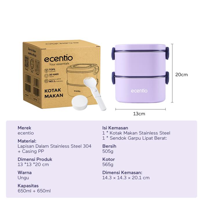 ecentio-650+650ml Double-layer Square Stainless Steel Lunch Box-Purple