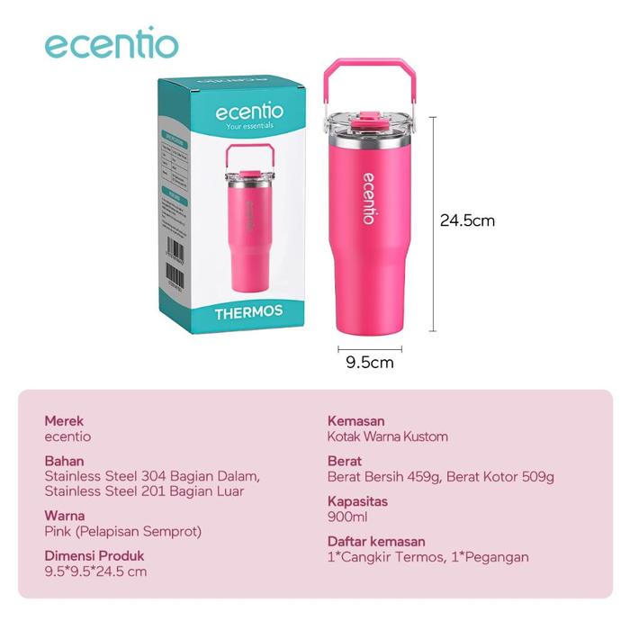 Ecentio-900ml stainless steel car cup with handle (pink)