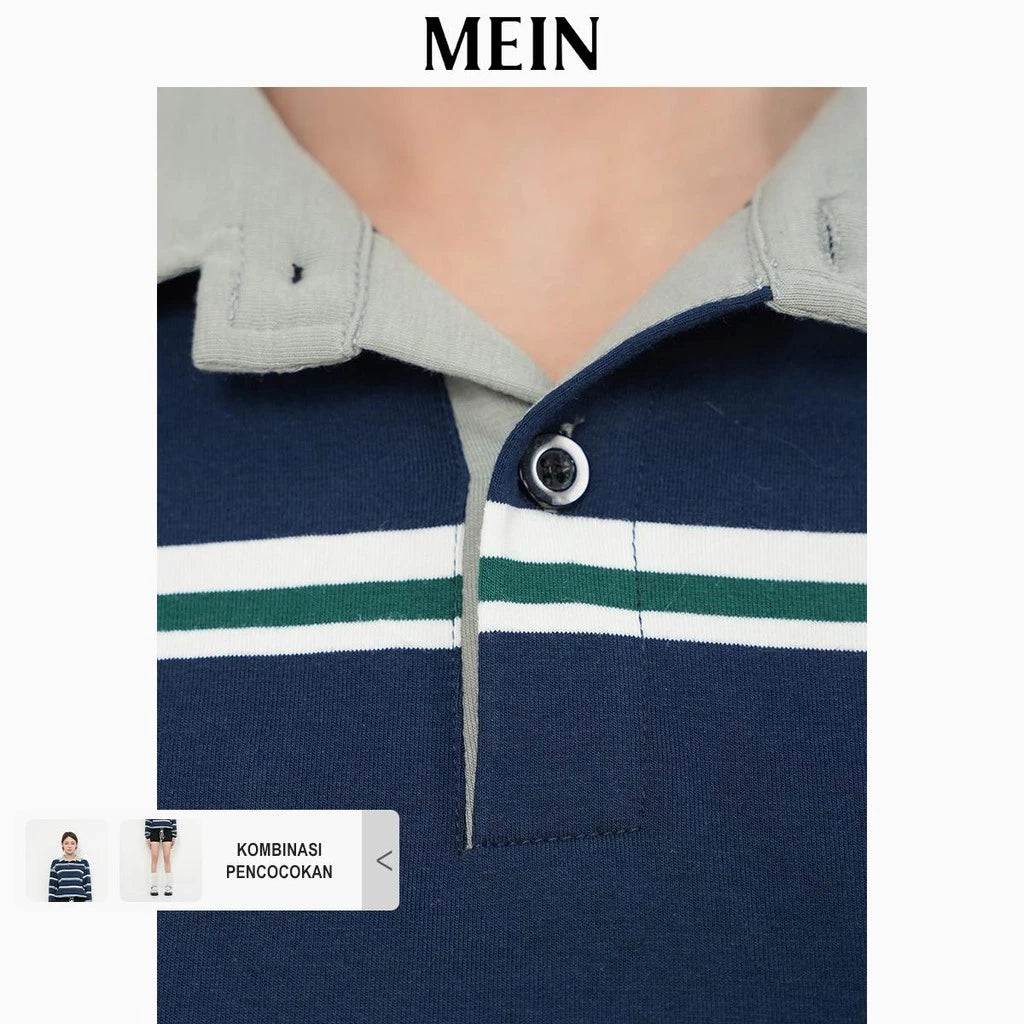 MEIN Baju Atasan Wanita Kaos Polo Baju Kaos L/S Kerah V Garis -Navy blue-M
