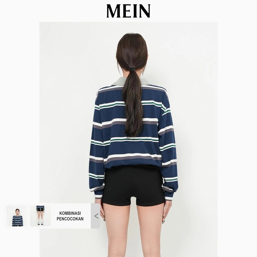 MEIN Baju Atasan Wanita Kaos Polo Baju Kaos L/S Kerah V Garis -Navy blue-M