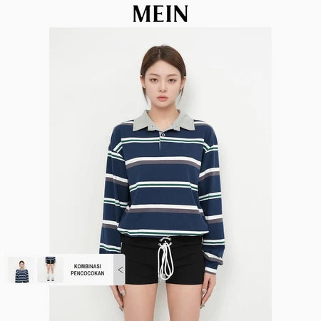 MEIN Baju Atasan Wanita Kaos Polo Baju Kaos L/S Kerah V Garis -Navy blue-M
