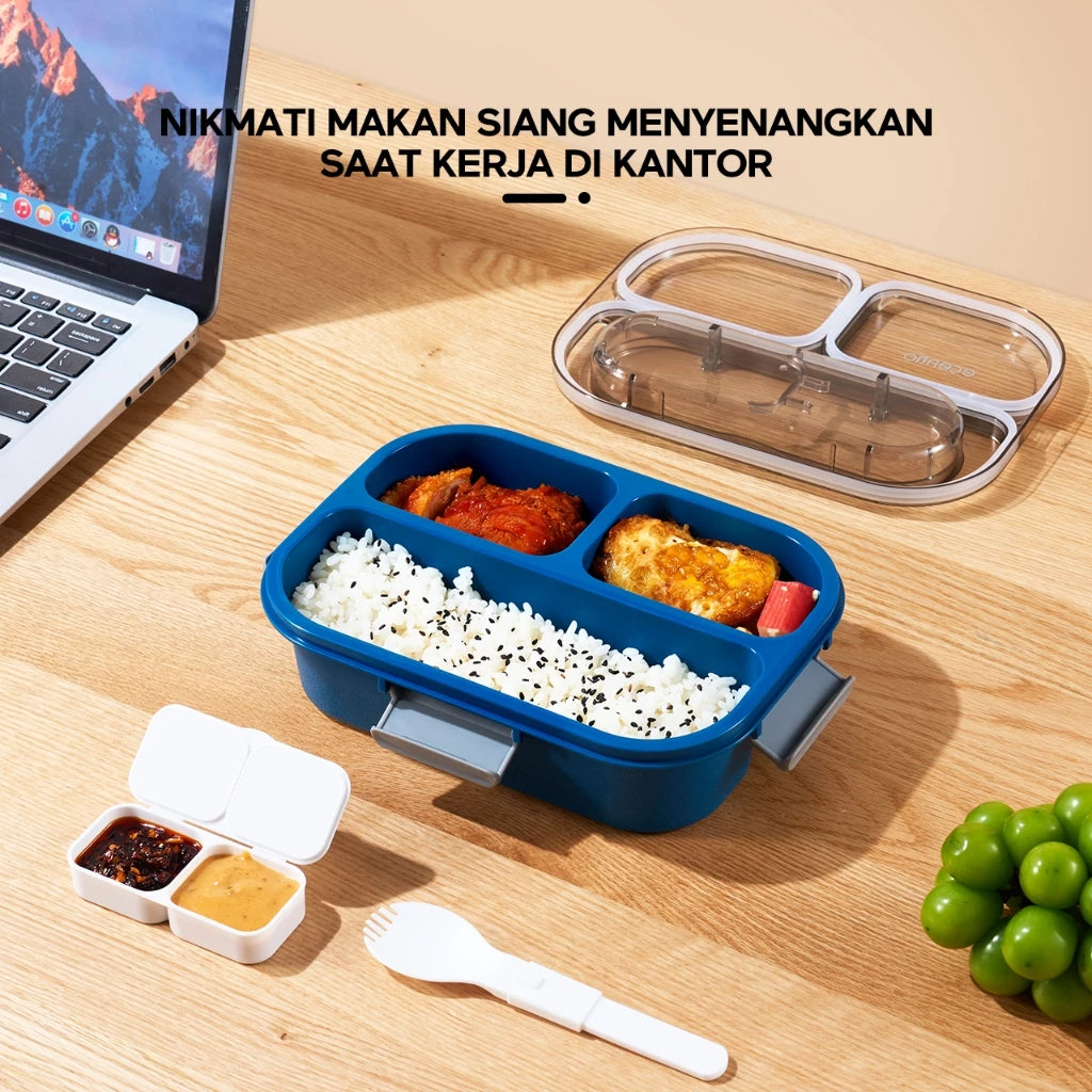 ecentio-1.1L anti-smell 3-compartment plastic lunch box-tableware independent storage (blue)