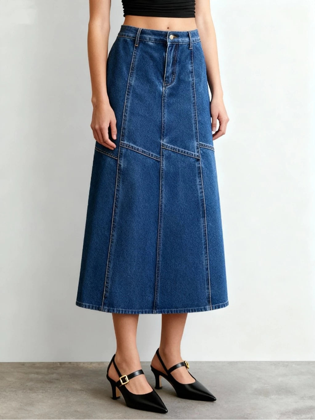 MEIN Rok Denim Midi Wanita A-Line High Waist 4441-Blue-XL