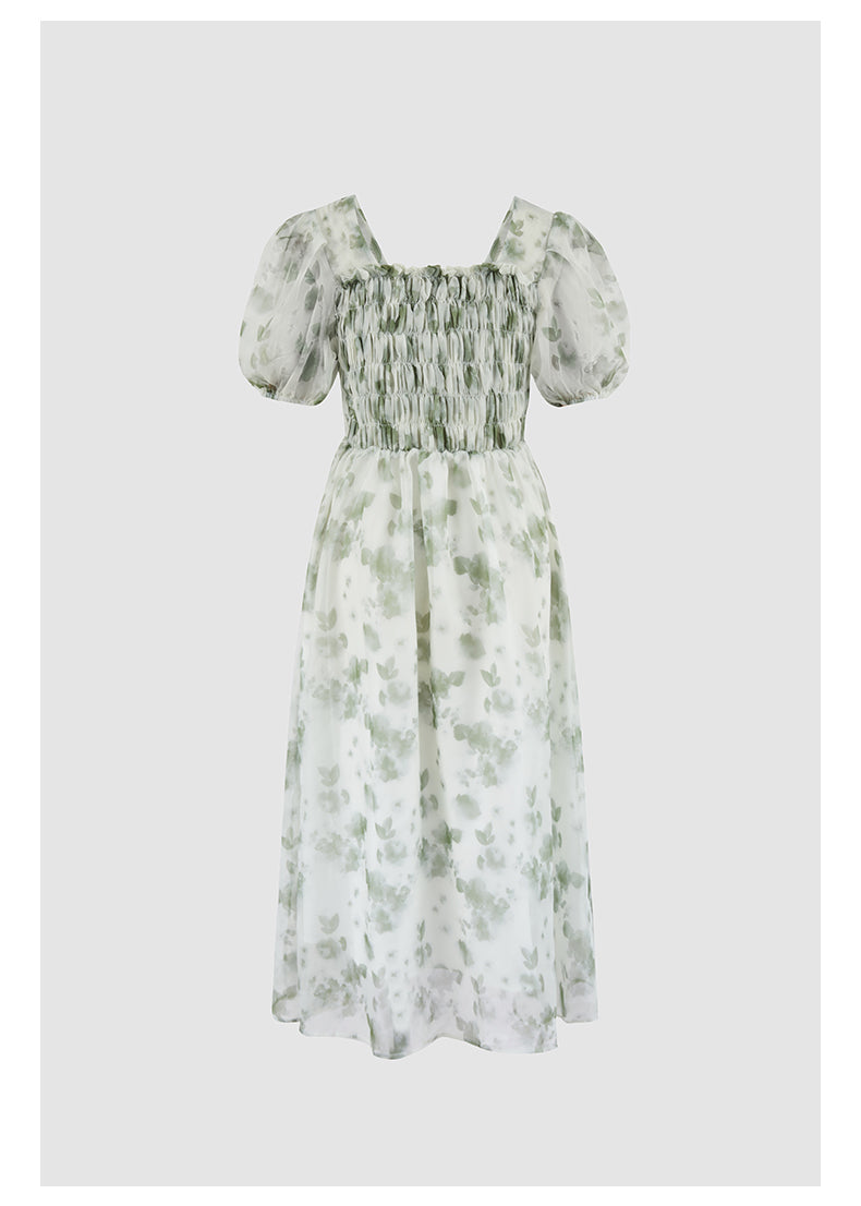 MEIN Gaun Midi Slim Fit Wanita dengan Motif Bunga dan Kerah Kotak 6405-green-L