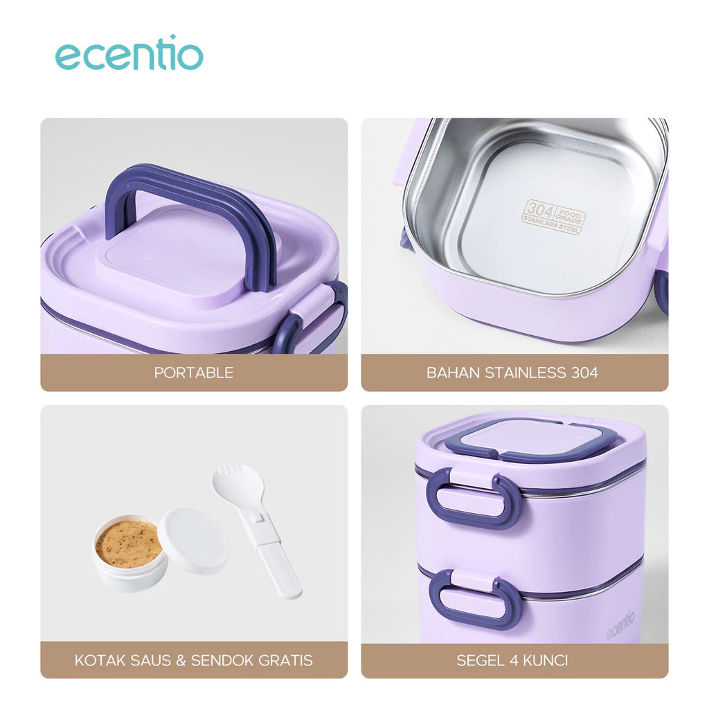 ecentio-650+650ml Double-layer Square Stainless Steel Lunch Box-Purple